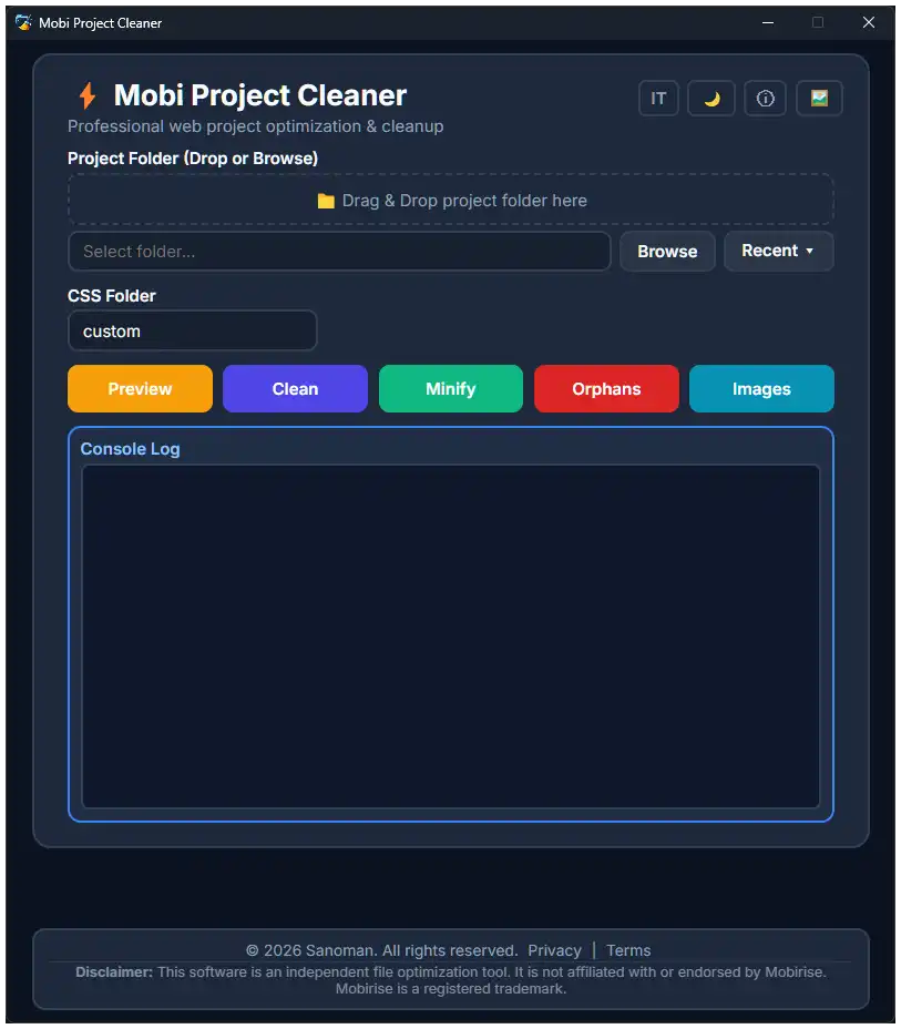 interfaccia_en Mobi Project Cleaner